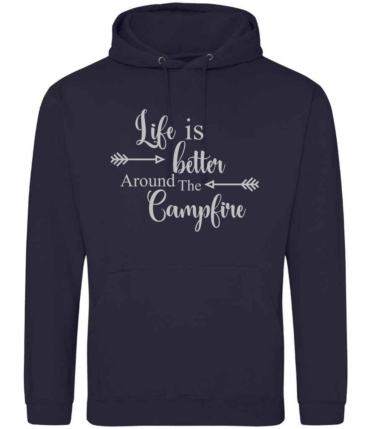 Life Is Better Around the Campfire – Unisex Hoodie in New French Navy with Silver vinyl