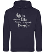 Life Is Better Around the Campfire – Unisex Hoodie in New French Navy with Silver vinyl