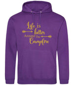 Life Is Better Around the Campfire – Unisex Hoodie in Purple with Gold vinyl