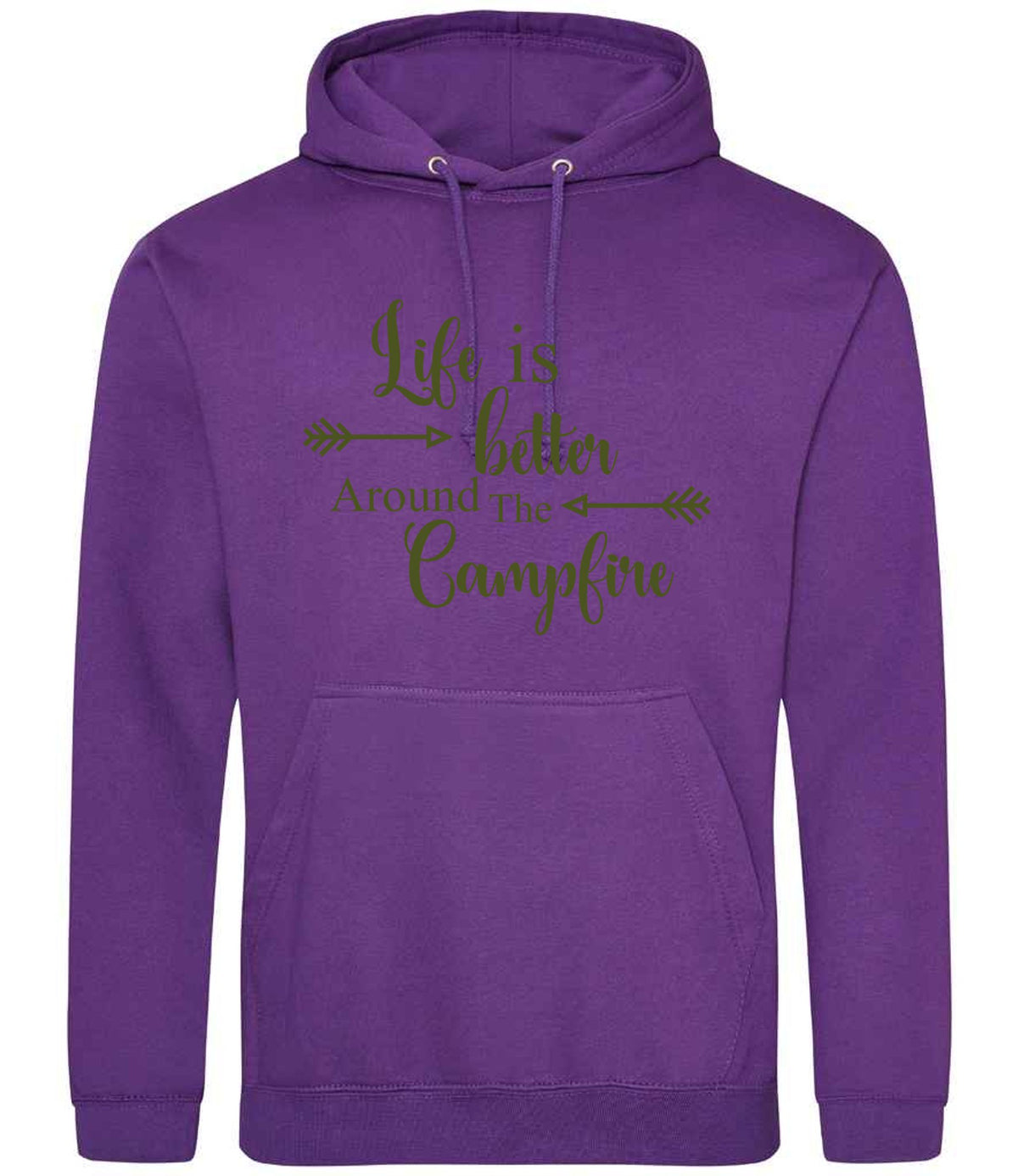 Life Is Better Around the Campfire – Unisex Hoodie in Purple with Military Green vinyl