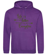 Life Is Better Around the Campfire – Unisex Hoodie in Purple with Military Green vinyl