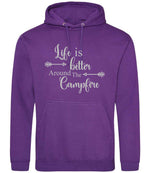 Life Is Better Around the Campfire – Unisex Hoodie in Purple with Silver vinyl