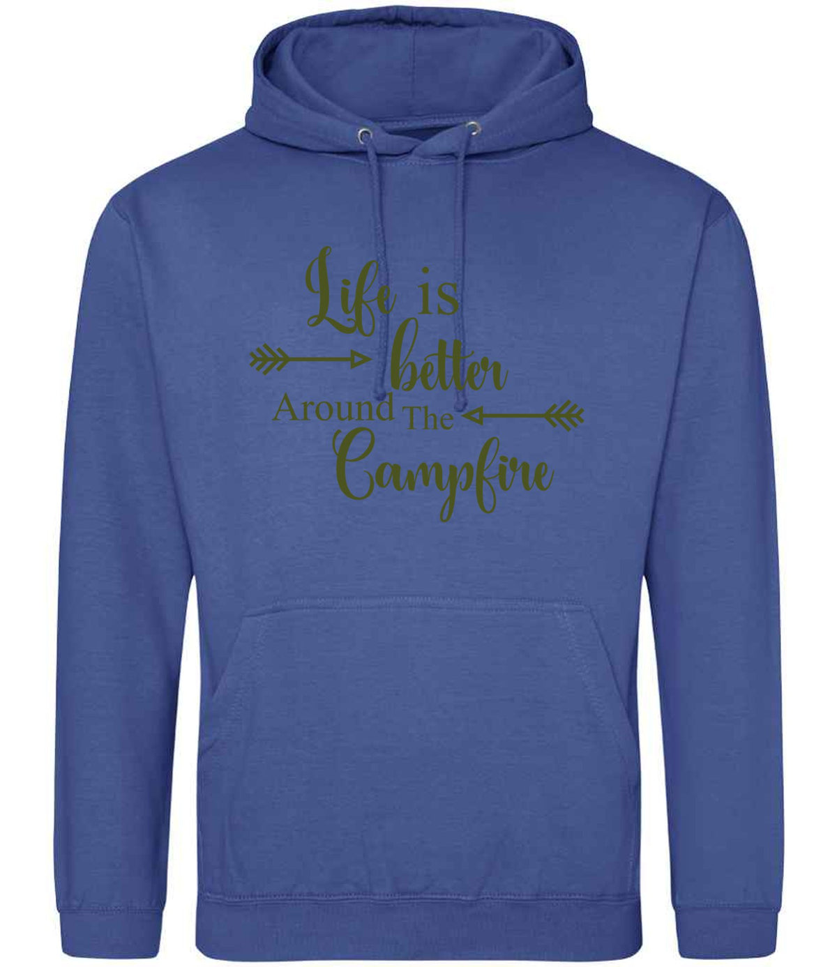 Life Is Better Around the Campfire – Unisex Hoodie in Royal Blue with Military Green vinyl