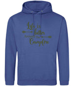 Life Is Better Around the Campfire – Unisex Hoodie in Royal Blue with Military Green vinyl