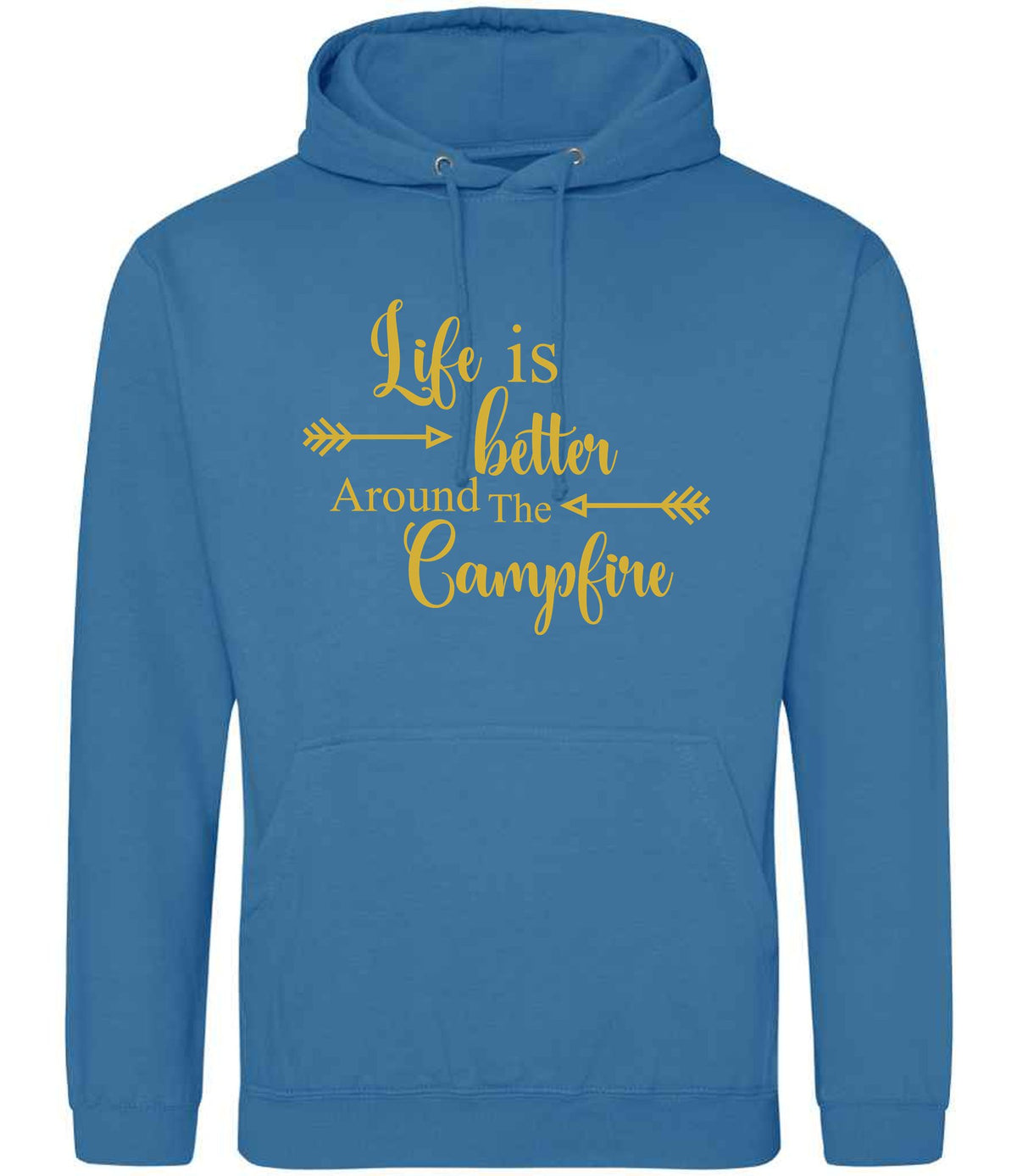 Life Is Better Around the Campfire – Unisex Hoodie in Sapphire Blue with Gold vinyl