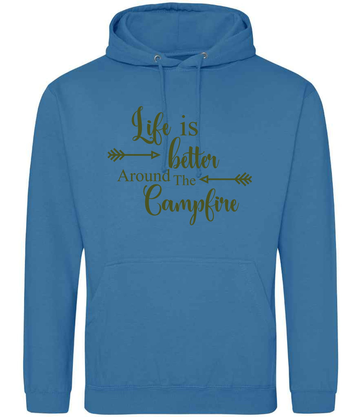 Life Is Better Around the Campfire – Unisex Hoodie in Sapphire Blue with Military Green vinyl