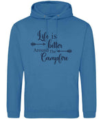 Life Is Better Around the Campfire – Unisex Hoodie in Sapphire Blue with Navy vinyl