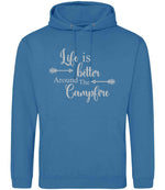 Life Is Better Around the Campfire – Unisex Hoodie in Sapphire Blue with Silver vinyl