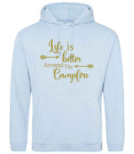 Life Is Better Around the Campfire – Unisex Hoodie in Sky Blue with Gold vinyl