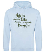 Life Is Better Around the Campfire – Unisex Hoodie in Sky Blue with Military Green vinyl