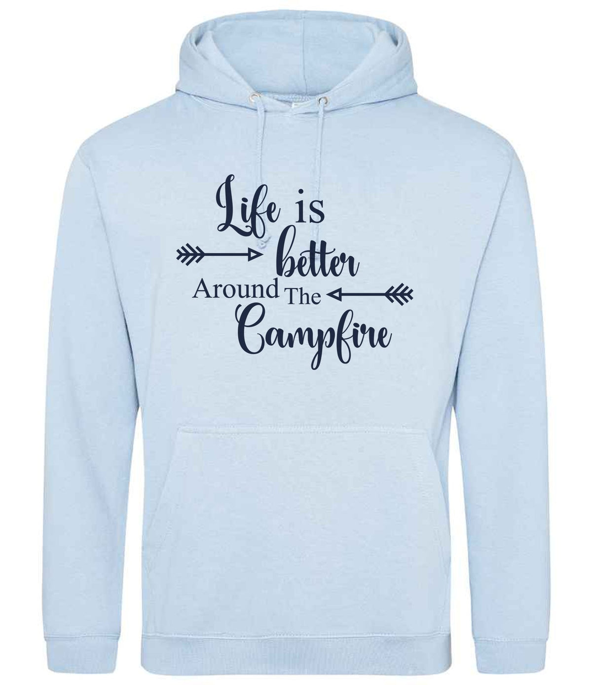 Life Is Better Around the Campfire – Unisex Hoodie in Sky Blue with Navy vinyl