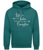 Life Is Better Around the Campfire – Unisex Hoodie in Teal with Silver vinyl