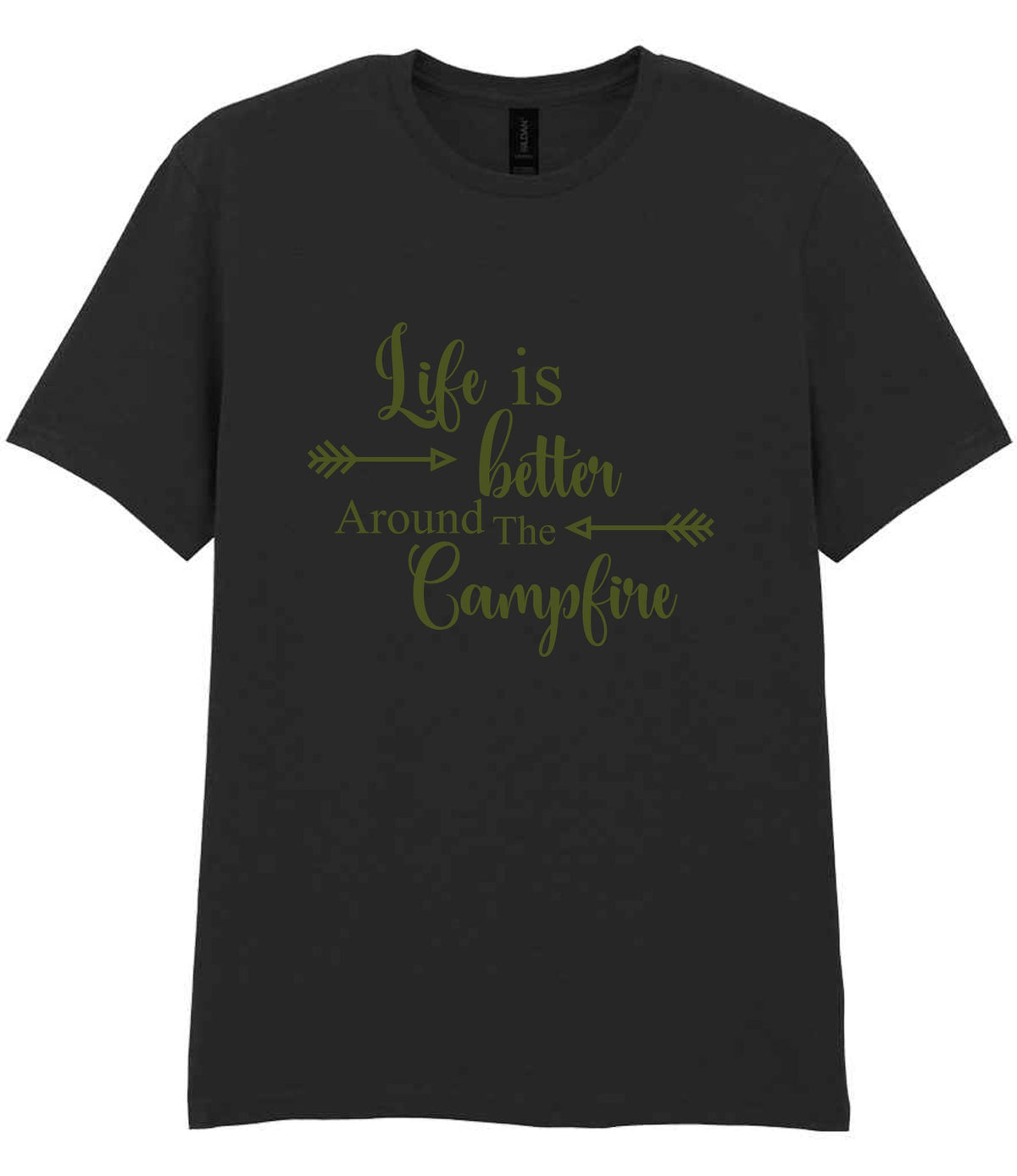 Life Is Better Around the Campfire – Unisex T-Shirt in Black with Military Green vinyl