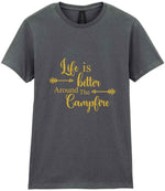 Life Is Better Around the Campfire – Ladies T-Shirt in Charcoal with Gold vinyl