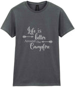 Life Is Better Around the Campfire – Ladies T-Shirt in Charcoal with Silver vinyl