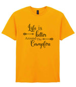 Life Is Better Around the Campfire – Unisex T-Shirt in Gold with Military Green vinyl