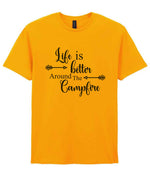 Life Is Better Around the Campfire – Unisex T-Shirt in Gold with Navy vinyl