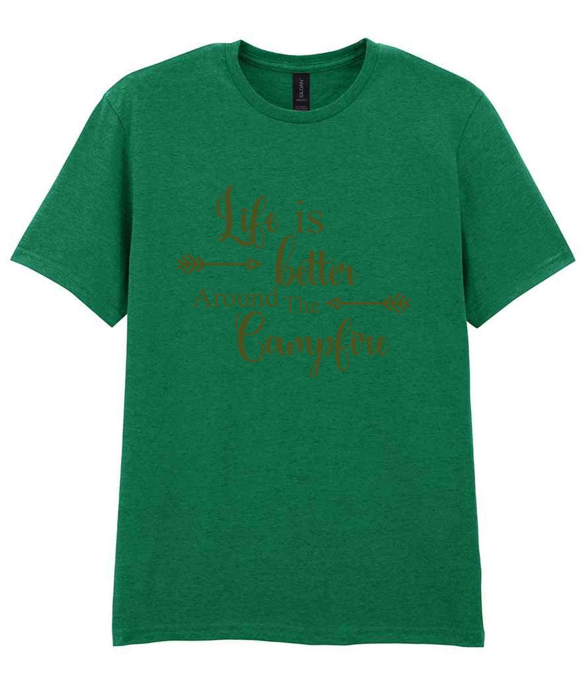 Life Is Better Around the Campfire – Unisex T-Shirt in Kelly Green with Military Green vinyl
