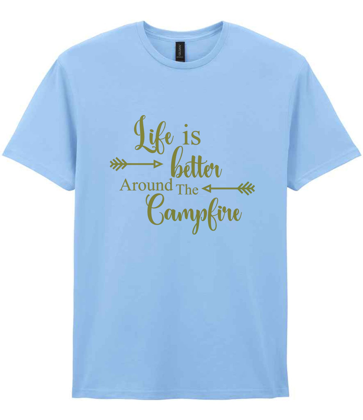 Life Is Better Around the Campfire – Unisex T-Shirt in Light Blue with Gold vinyl