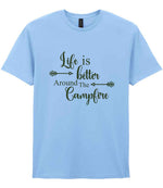 Life Is Better Around the Campfire – Unisex T-Shirt in Light Blue with Military Green vinyl