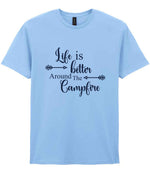 Life Is Better Around the Campfire – Unisex T-Shirt in Light Blue with Navy vinyl