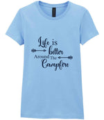 Life Is Better Around the Campfire – Ladies T-Shirt in Light Blue with Navy vinyl