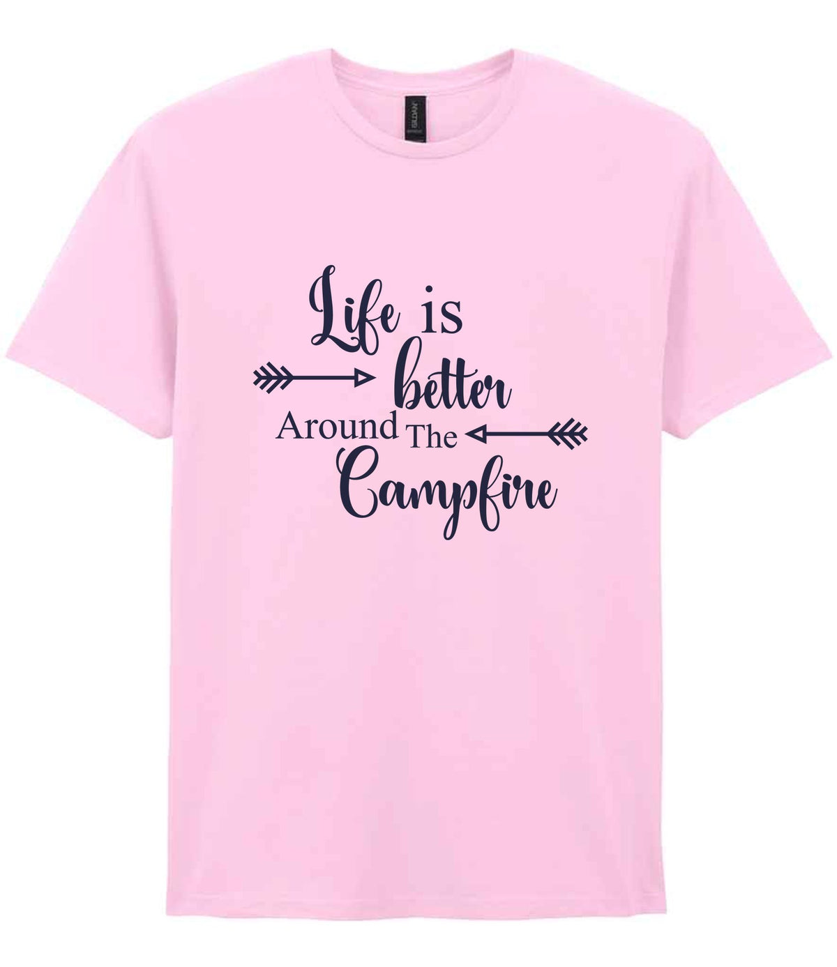 Life Is Better Around the Campfire – Unisex T-Shirt in Light Pink with Navy vinyl