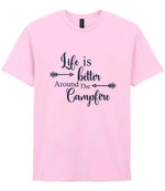 Life Is Better Around the Campfire – Unisex T-Shirt in Light Pink with Navy vinyl