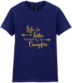 Life Is Better Around the Campfire – Ladies T-Shirt in Navy with Gold vinyl