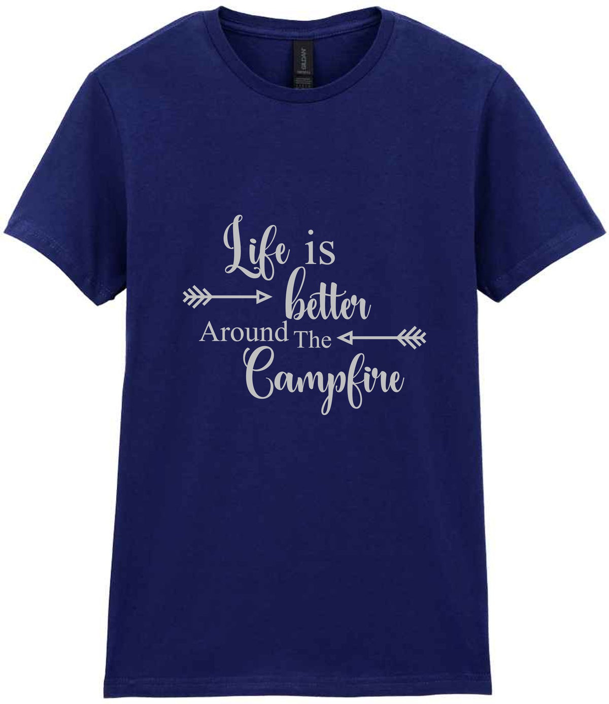 Life Is Better Around the Campfire – Ladies T-Shirt in Navy with Silver vinyl