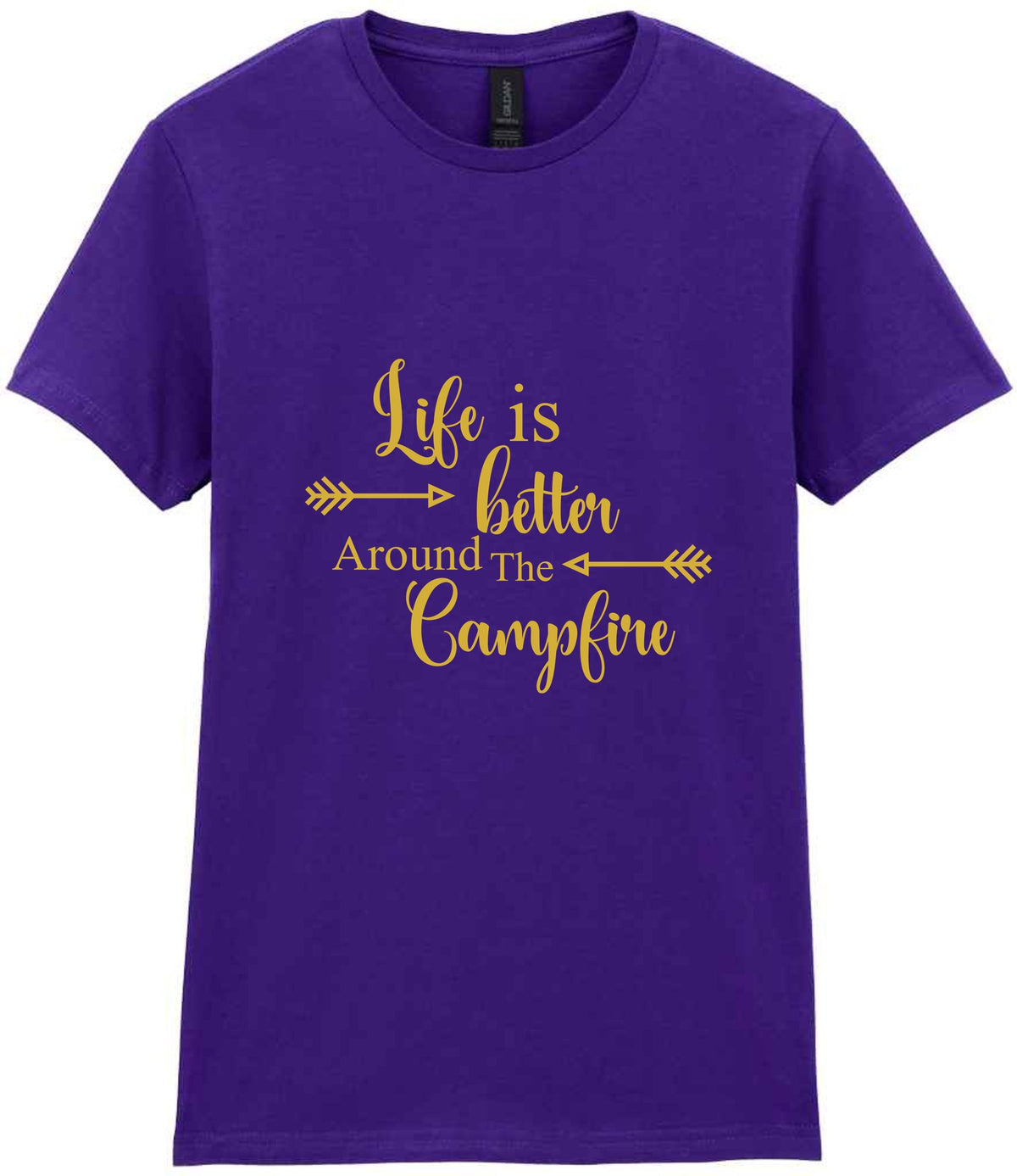 Life Is Better Around the Campfire – Ladies T-Shirt in Purple with Gold vinyl