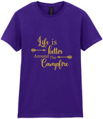 Life Is Better Around the Campfire – Ladies T-Shirt in Purple with Gold vinyl