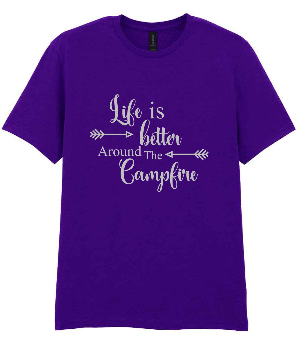 Life Is Better Around the Campfire – Unisex T-Shirt in Purple with Silver vinyl