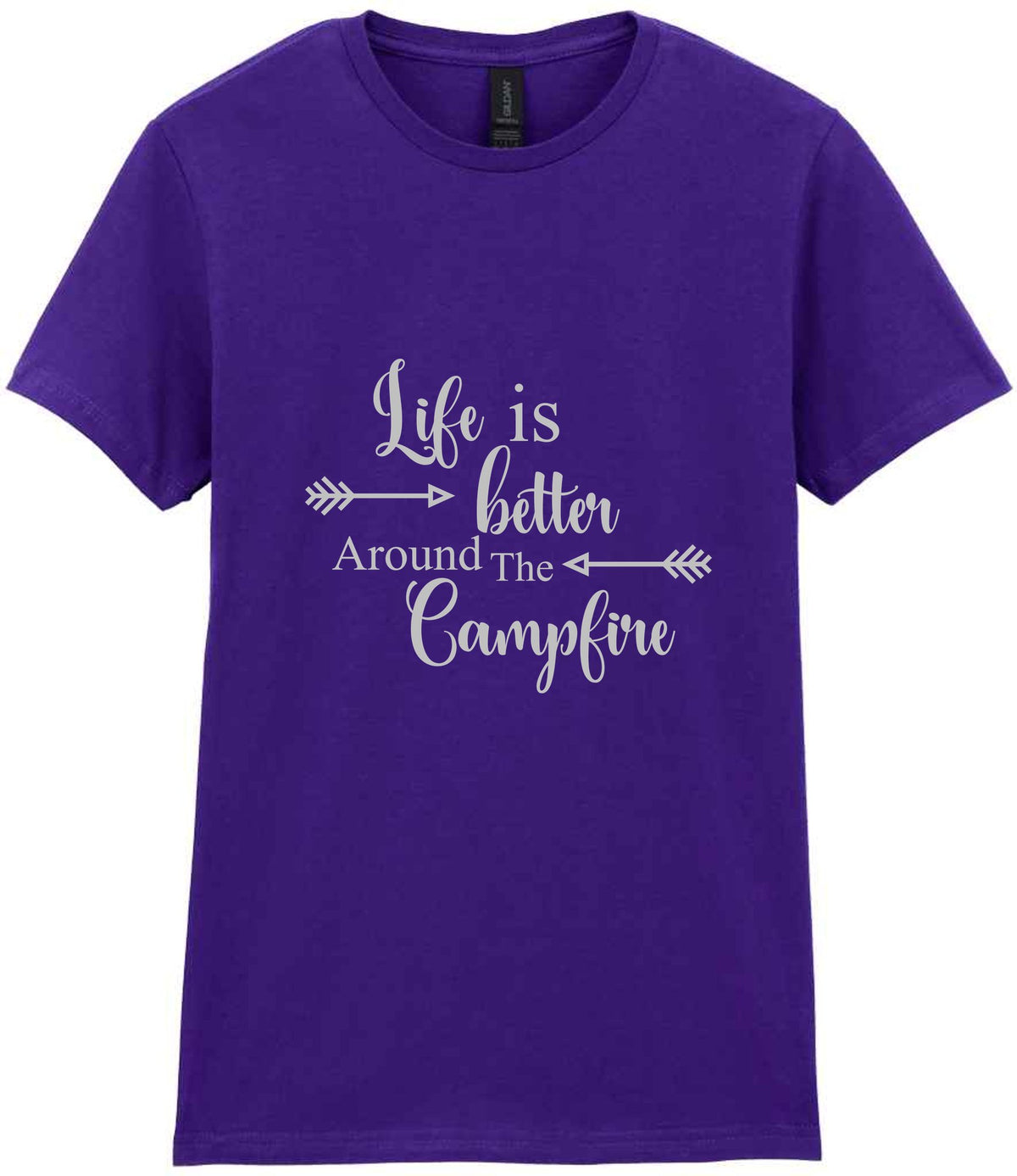 Life Is Better Around the Campfire – Ladies T-Shirt in Purple with Silver vinyl