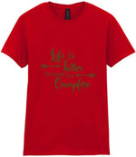 Life Is Better Around the Campfire – Ladies T-Shirt in Red with Military Green vinyl