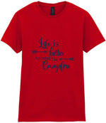 Life Is Better Around the Campfire – Ladies T-Shirt in Red with Navy vinyl