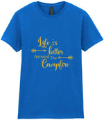 Life Is Better Around the Campfire – Ladies T-Shirt in Royal Blue with Gold vinyl