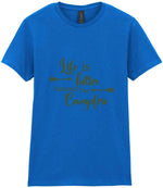 Life Is Better Around the Campfire – Ladies T-Shirt in Royal Blue with Military Green vinyl