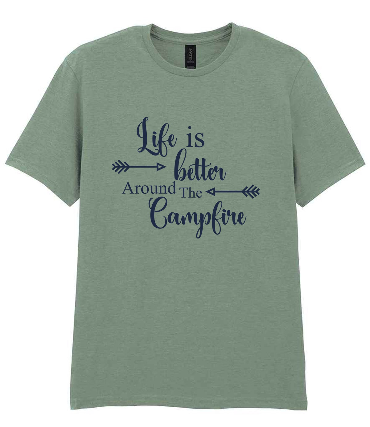 Life Is Better Around the Campfire – Unisex T-Shirt in Sage with Navy vinyl