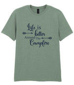 Life Is Better Around the Campfire – Unisex T-Shirt in Sage with Navy vinyl