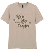 Life Is Better Around the Campfire – Unisex T-Shirt in Sand with Military Green vinyl