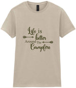 Life Is Better Around the Campfire – Ladies T-Shirt in Sand with Military Green vinyl