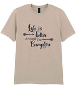Life Is Better Around the Campfire – Unisex T-Shirt in Sand with Navy vinyl