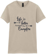 Life Is Better Around the Campfire – Ladies T-Shirt in Sand with Navy vinyl
