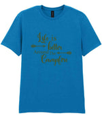 Life Is Better Around the Campfire – Unisex T-Shirt in Sapphire Blue with Military Green vinyl