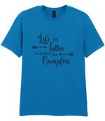 Life Is Better Around the Campfire – Unisex T-Shirt in Sapphire Blue with Navy vinyl