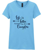 Life Is Better Around the Campfire – Ladies T-Shirt in Sky Blue with Navy vinyl
