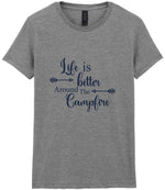 Life Is Better Around the Campfire – Ladies T-Shirt in Sport Grey with Navy vinyl