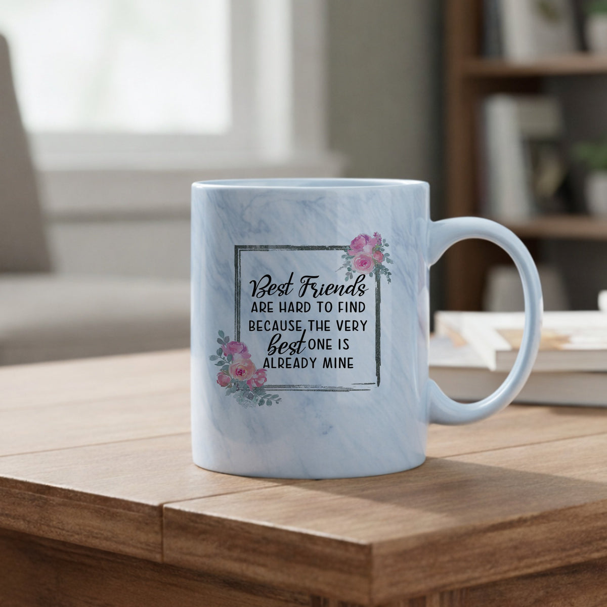 Best Friends Hard to Find marble mug in blue