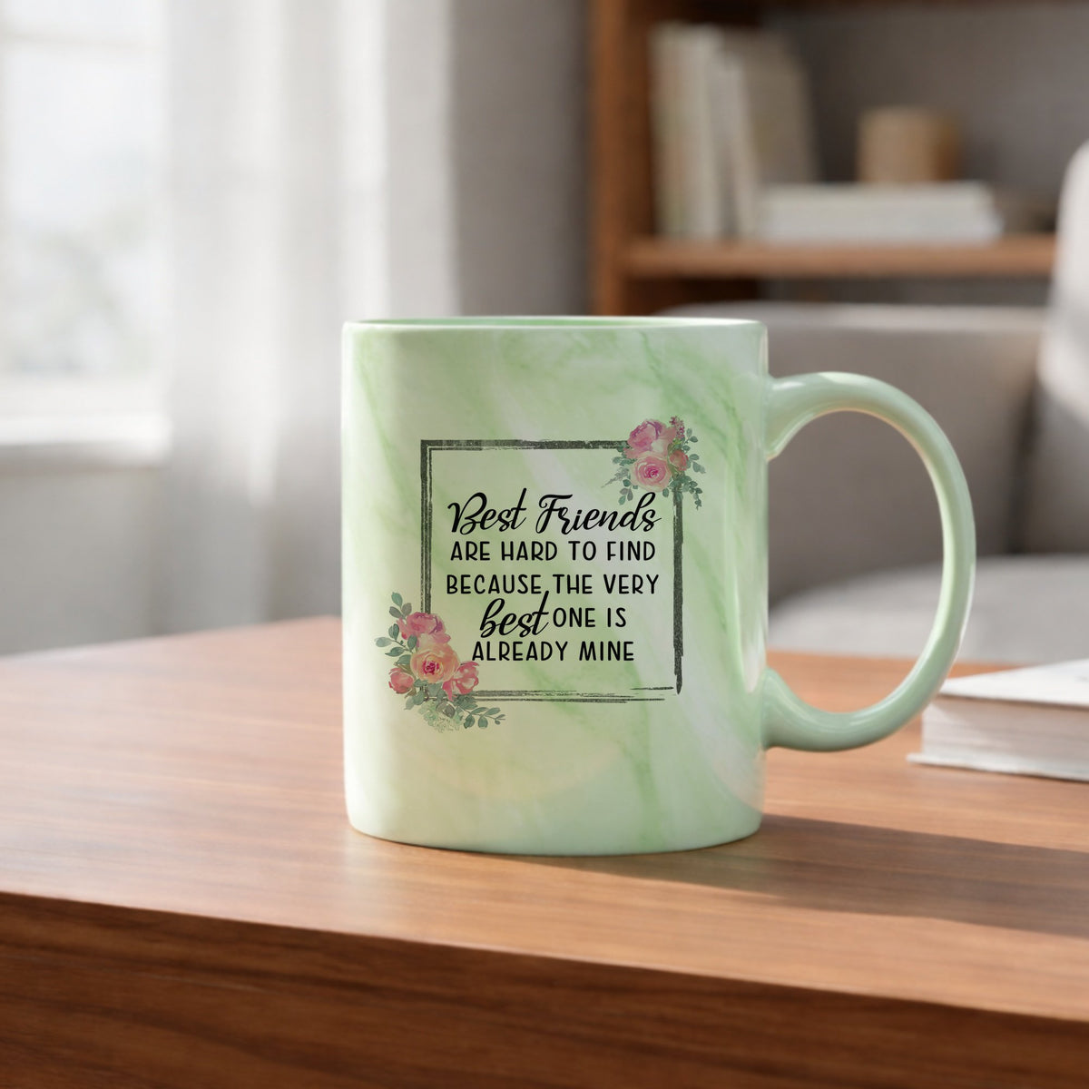 Best Friends Hard to Find marble mug in green